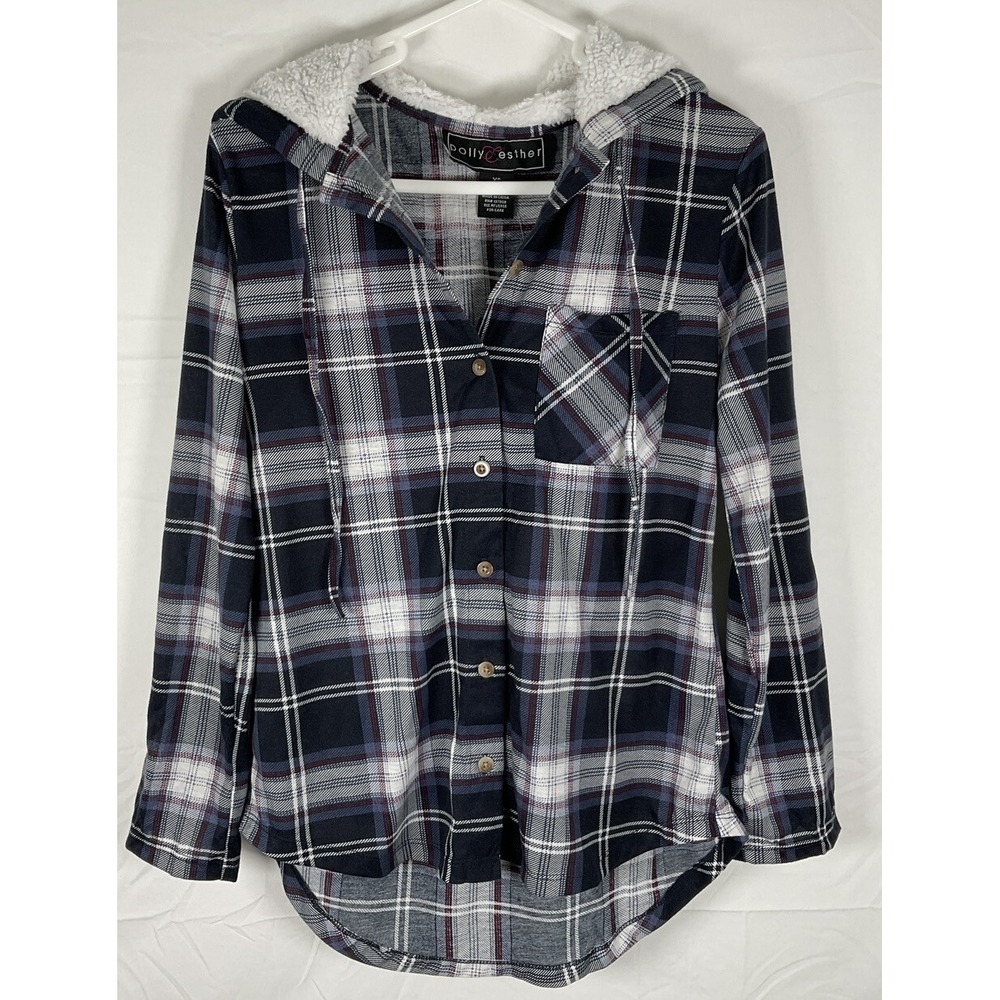 NWT Women's Polly & Esther Lightweight Plaid Flannel Shirt w/ Sherpa Hood - XS